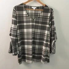 Charter Club Blouse Womens 1X Black White Plaid Polyester Spandex