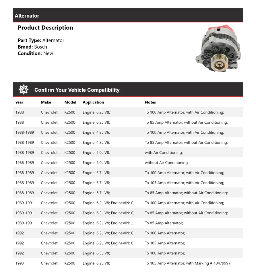 Alternador Bosch Chevrolet K2500 1988-1993 (nuevo) 1989 1990 1991 1992 Foto 2 de 4