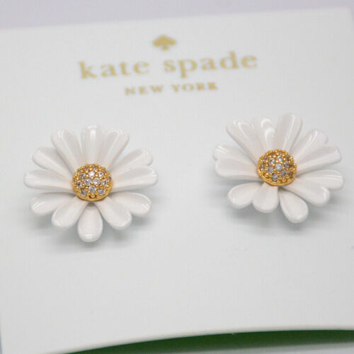 Kate spade Gold Tone Paved White Enamel Cut Crystals CZ Stud Daisy Earrings NWT - Picture 1 of 5