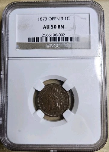1873 Indian Head Cent Penny Open 3 NGC AU50 BN About Uncirculated