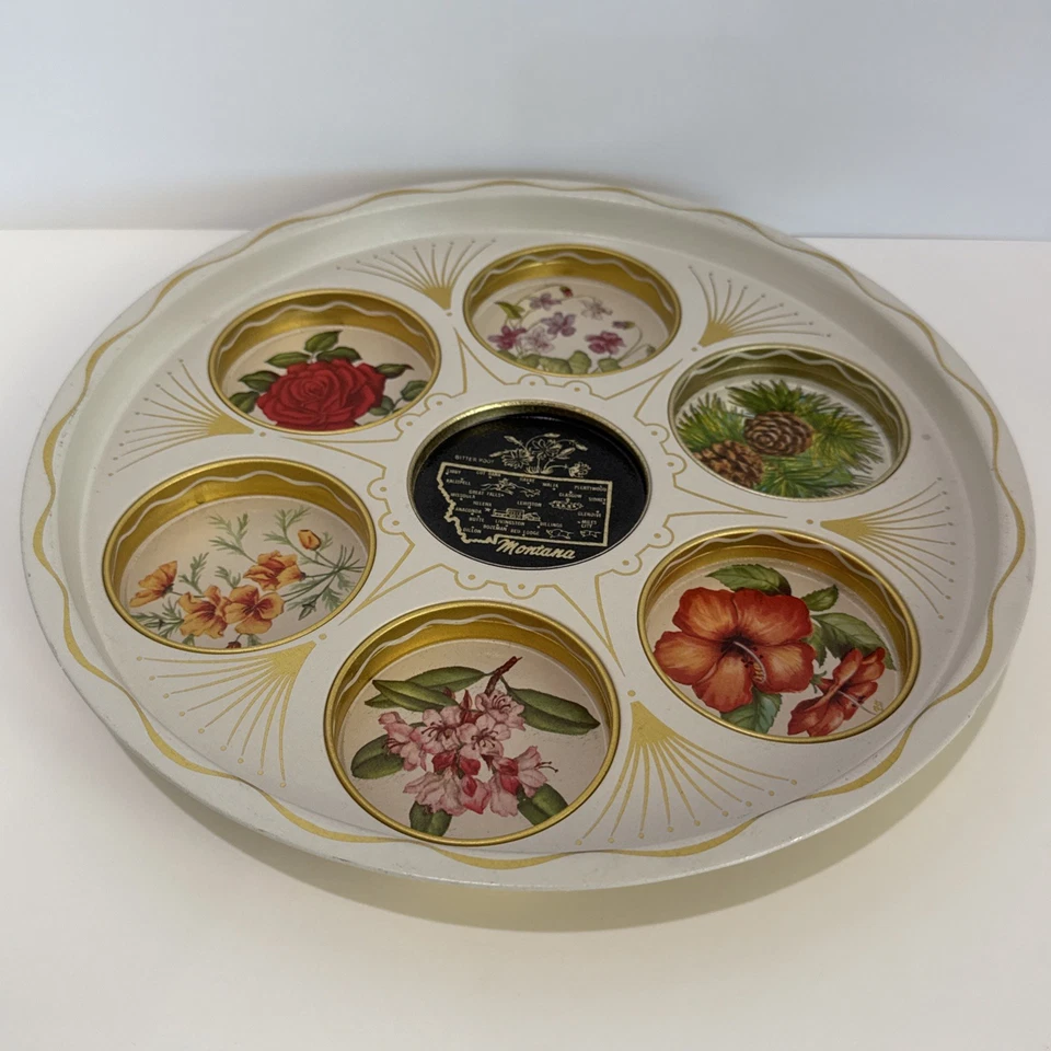 Bandeja de bebidas metálica vintage MONTANA 11" floral MCM servicio de recuerdo estatal para seis Foto 4 de 4