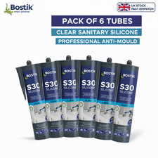 6 x Bostik S30 Sanitary Silicone Sealant Clear 310ml Box Case Anti Mould Shower