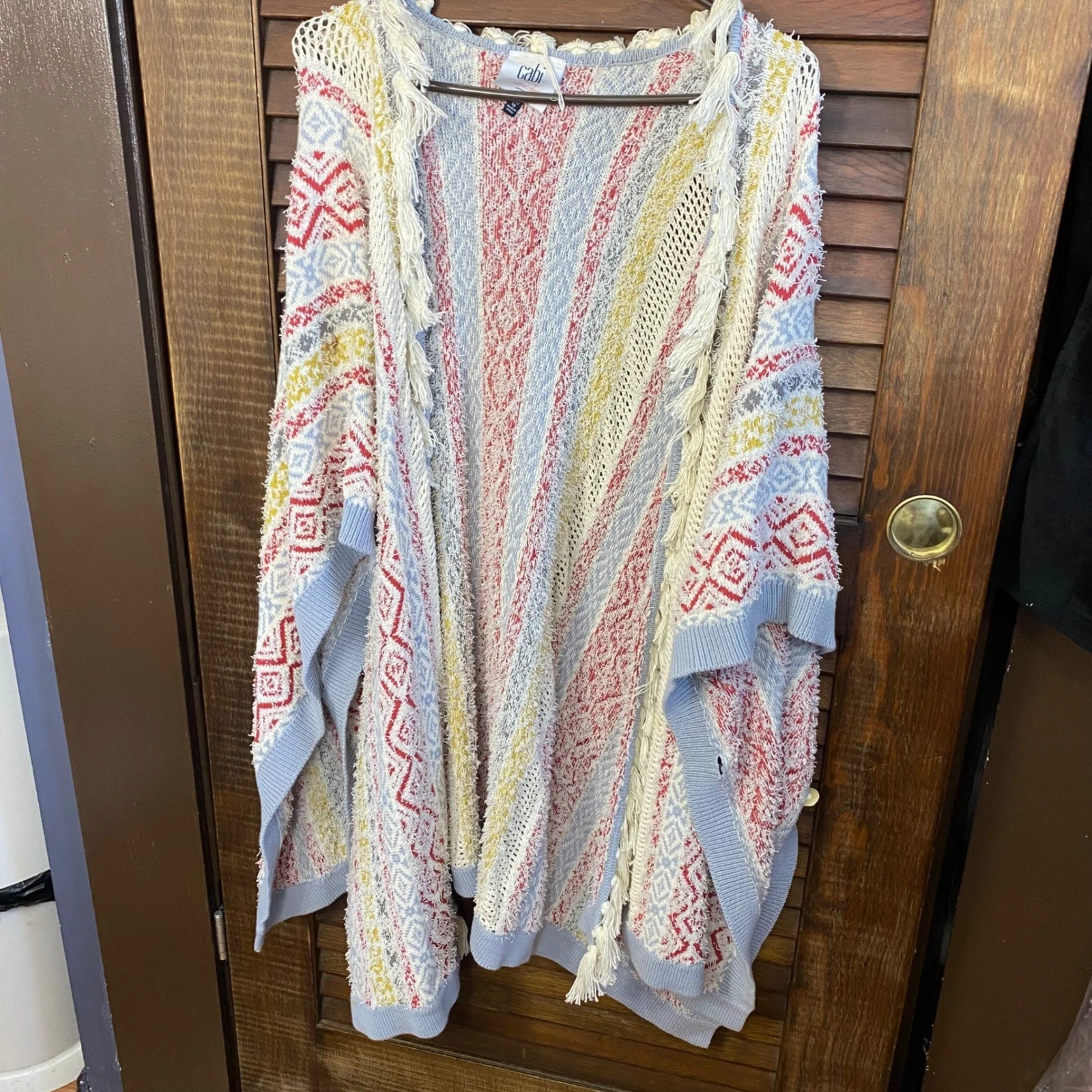Cabi Dream Weaver Poncho Womens M/L Multi Color Geometric Fringe Knit Wrap 5001