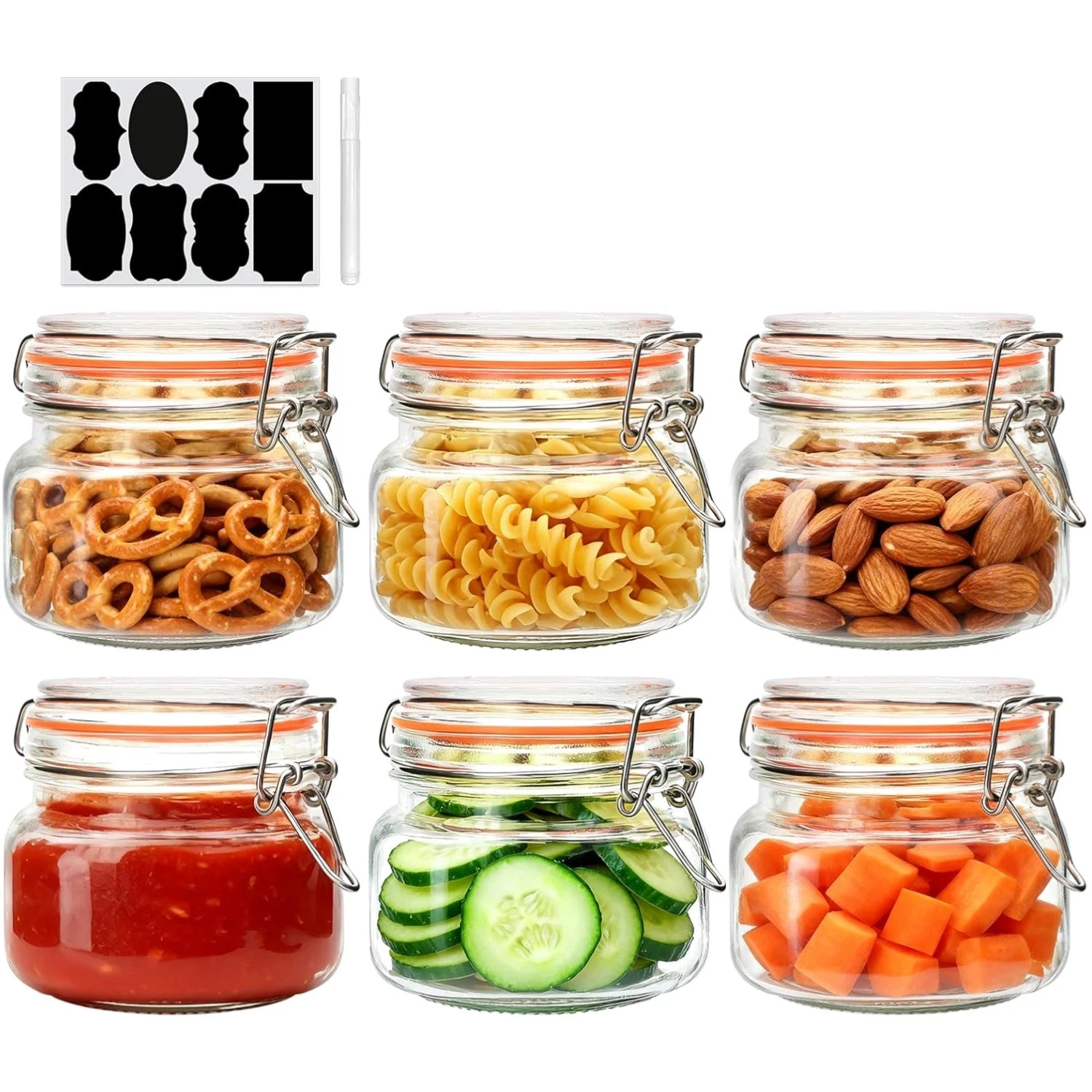 Durable 16 oz Clear Glass Storage Jars with Airtight Hinged Lids - 6 Count Set