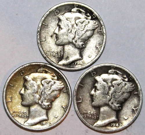 (3) Mercury Dimes - VF - 1942D 1942P 1942D - #2010ED FREE SHIPPING