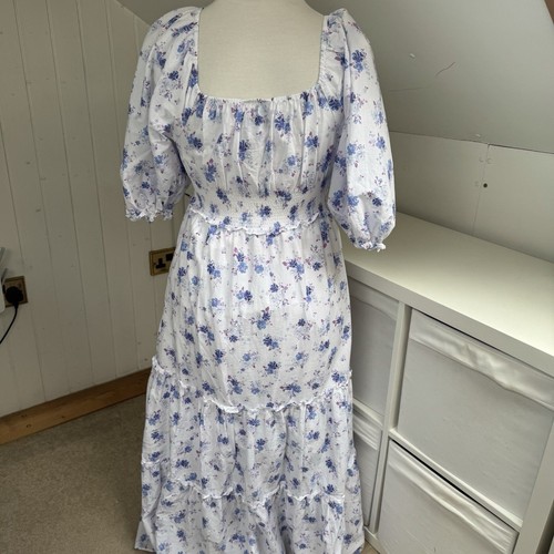LoveShackFancy Maxi Dress Size S White Floral Cotton Tiered Skirt Ruched Waist - Picture 8 of 10