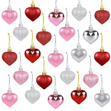 36Pcs Heart Ornaments Valentines Day Decorations Red Pink Silver Glitter Vale...