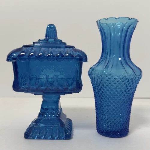 Vintage Jeanette Glass Blue Wedding Cake Box Compote Pedestal Candy Dish & Vase