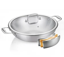 DELARLO Tri-Ply Stainless Steel Flat Bottom Wok, 13 Inch Braiser Pa... Fast Ship