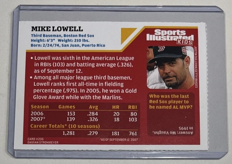 Mike Lowell Rare 2007 SI Sports Illustrated for Kids MLB Card #206 - Image 2 of 2