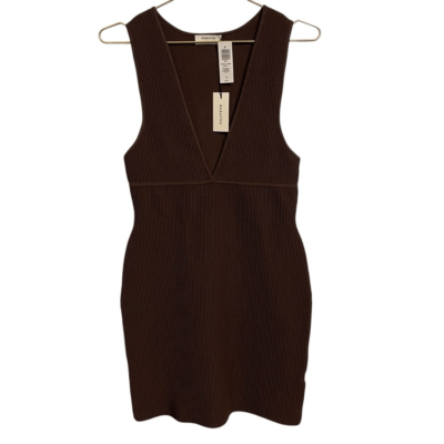 Babaton Sculpt Knit Deep V Mini Dress Rich Mocha Brown Ribbed 98652 NWT  Large | eBay
