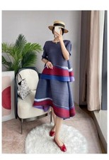 Pleats Please Issey Miyake Fabric Pleated Short Sleeve Blouse / Mid Skirt Suit