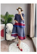 Pleats Please Issey Miyake Fabric Pleated Short Sleeve Blouse / Mid Skirt Suit