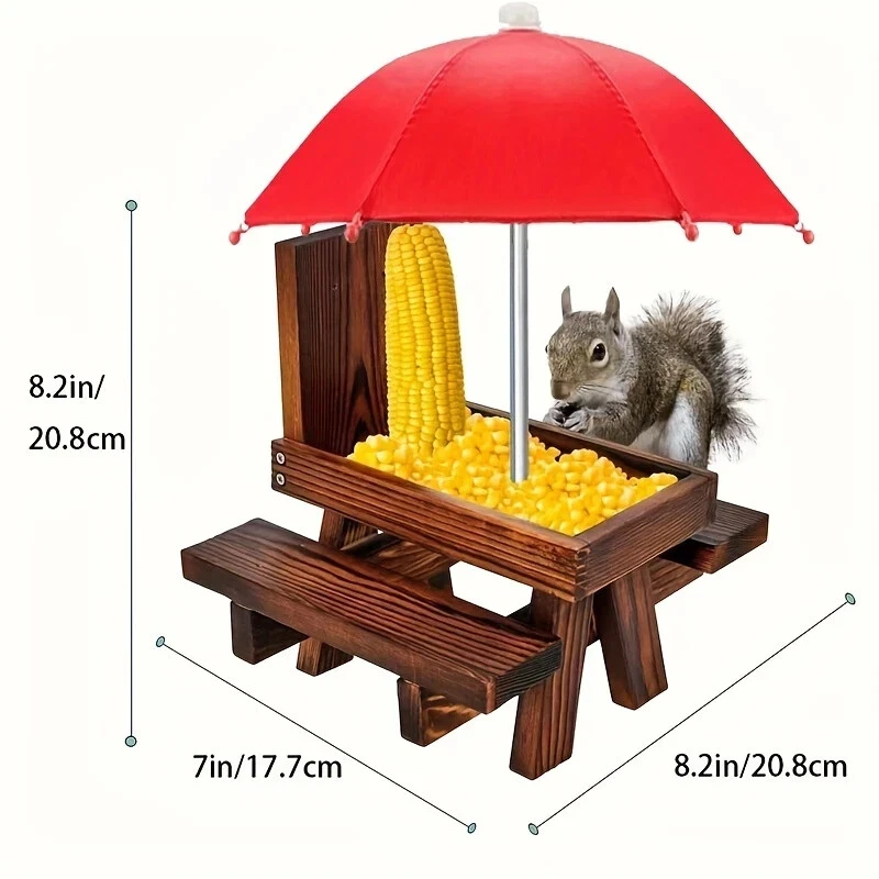 Recycled Wood Squirrel Feeder Red Umbrella Weather Resistant Design Garden Paito - Image 4 of 4