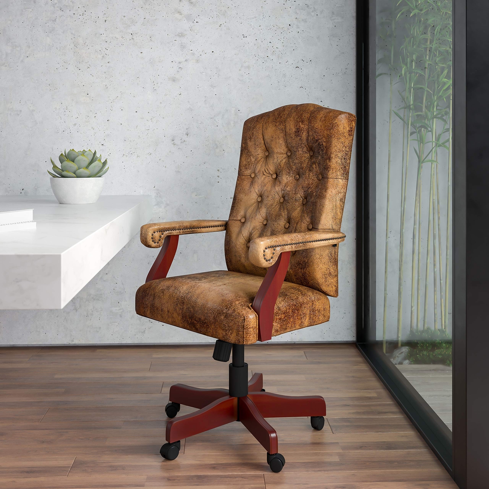 BizChair Bomber Brown Classic Executive Swivel Office Chair with Arms