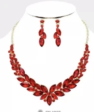 Red Long Dangle Crystal Rhinestone Necklace Jewelry Wedding Set Earring Bridal