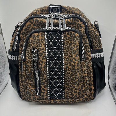 Jingpin ZJH Leopard Print Backpack Bag Brown Black Silver Faux Razor Blade Pulls