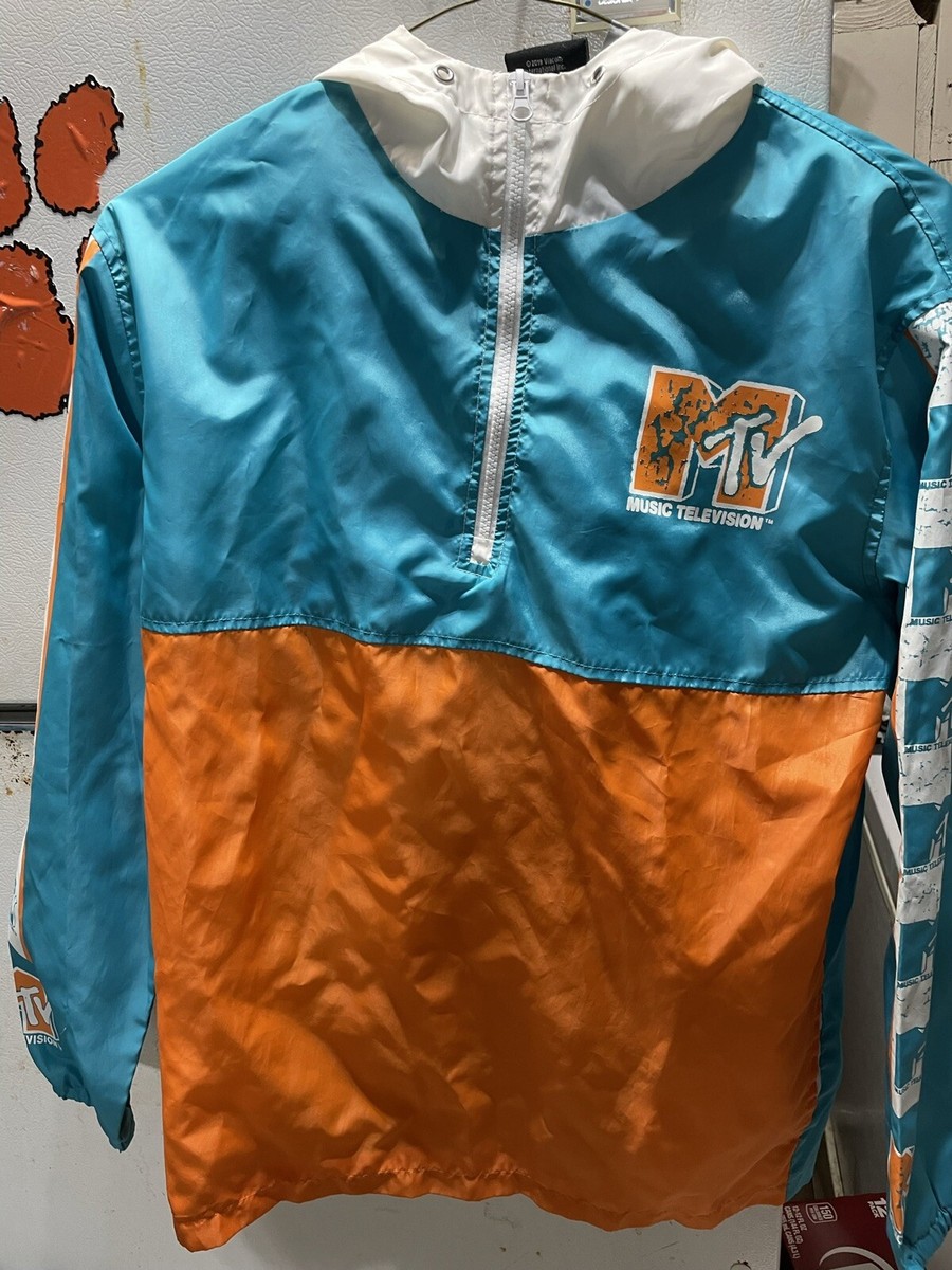 MTV Music Television Windbreaker Jacket Pullover Aqua Orange Zip Hooded  Size S