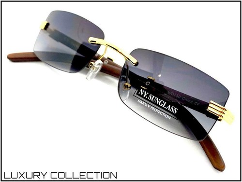 Men's CLASSY Elegant Contemporary Modern SUNGLASSES Rimless Gold & Wood Frame - Picture 2 of 8