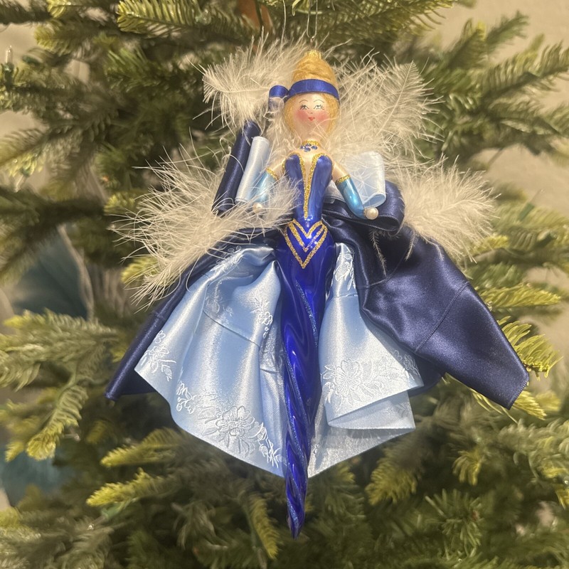 Vintage Radko Italian Blue Princess Christmas Ornament With Feathers Rare