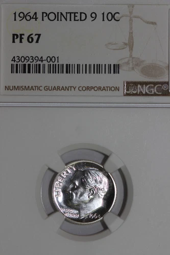 1964-P 'Pointed 9' Roosevelt 90% Silver Dime  NGC Graded PF 67 (4309394-001)