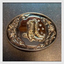 Cowboy Boots and Stars Belt Buckle Ornate Western Style Silver-Tone Metal   