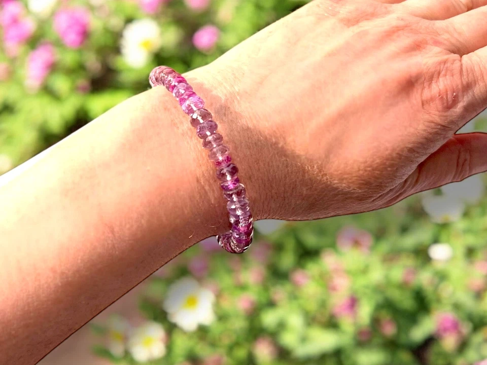 Impresionante Brazalete de Oro Blanco Sólido 18k Amatista Natural y Zafiro Rosa, 7.5" Foto 2 de 4