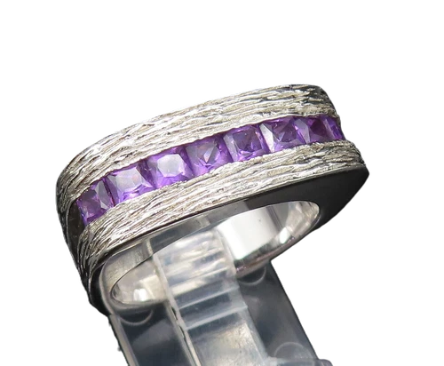 925 Silver  Vintage Textured Edge Inlaid Square Amethyst Ring Sz 8  RG25448