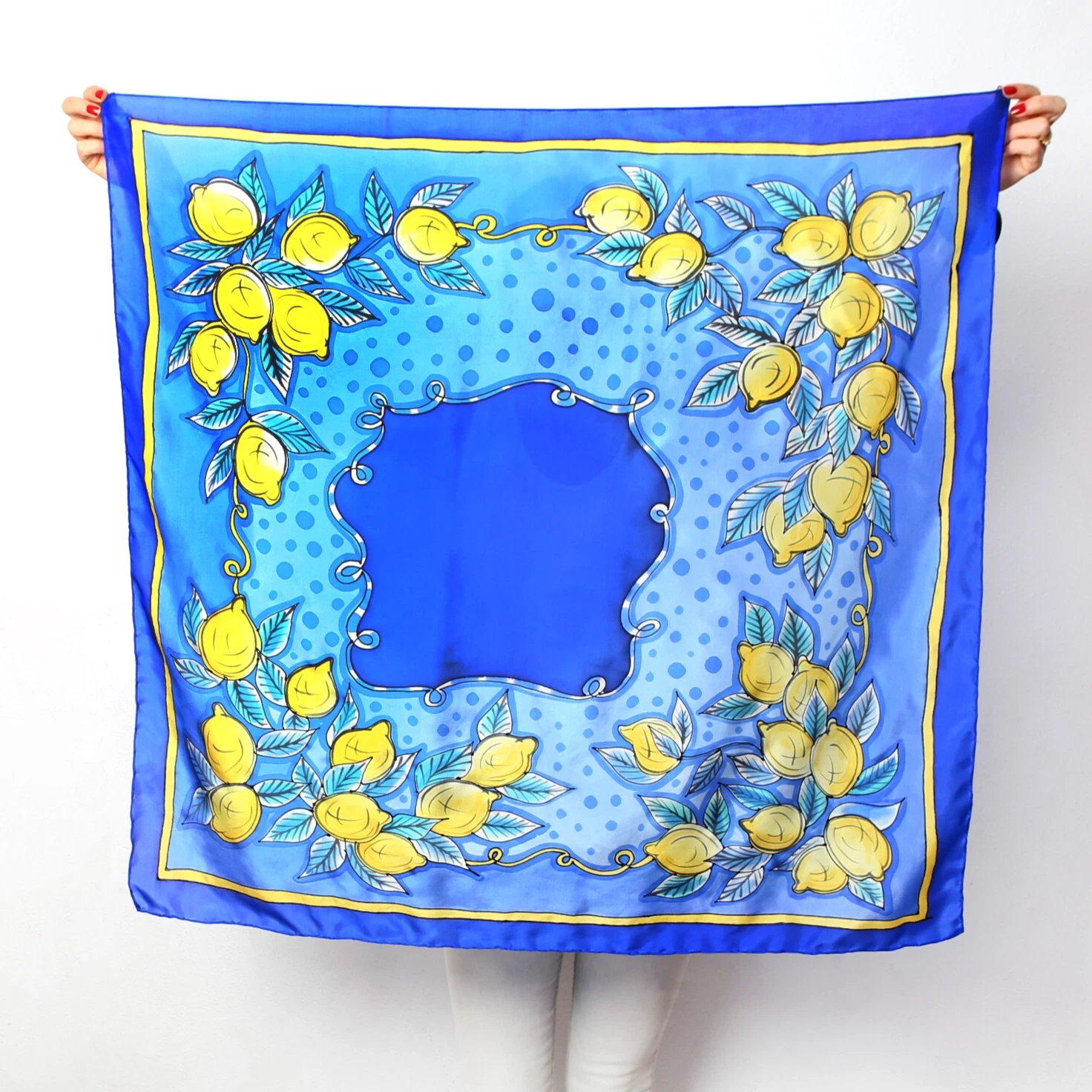 Positano Lemon Print Hand Painted Silk Scarf Blue Head Scarf Italy Gift 35X35