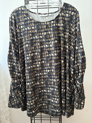 SUSAN GRAVER Brushed Liquid Knit Blue Tan Mosaic Top 1X 48'' Shirred Bell Sleeves