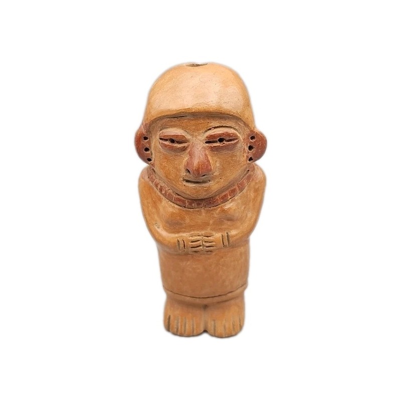 Antique Pre-Columbian Style Burnished Etched Terracotta Figure Effigy Whistle