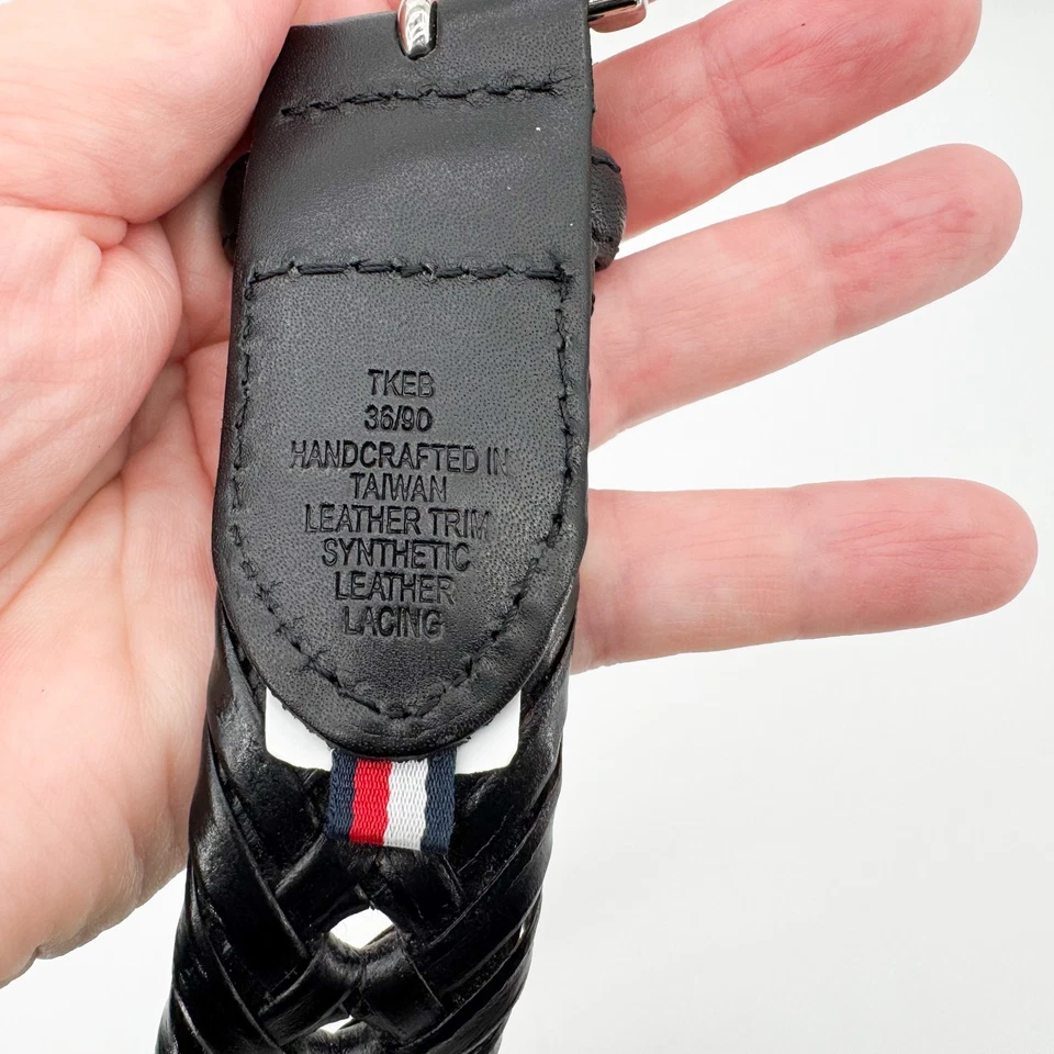 Tommy Hilfiger 编织腰带黑色皮革男式 36 银色扣 — 第 4/4 张图片