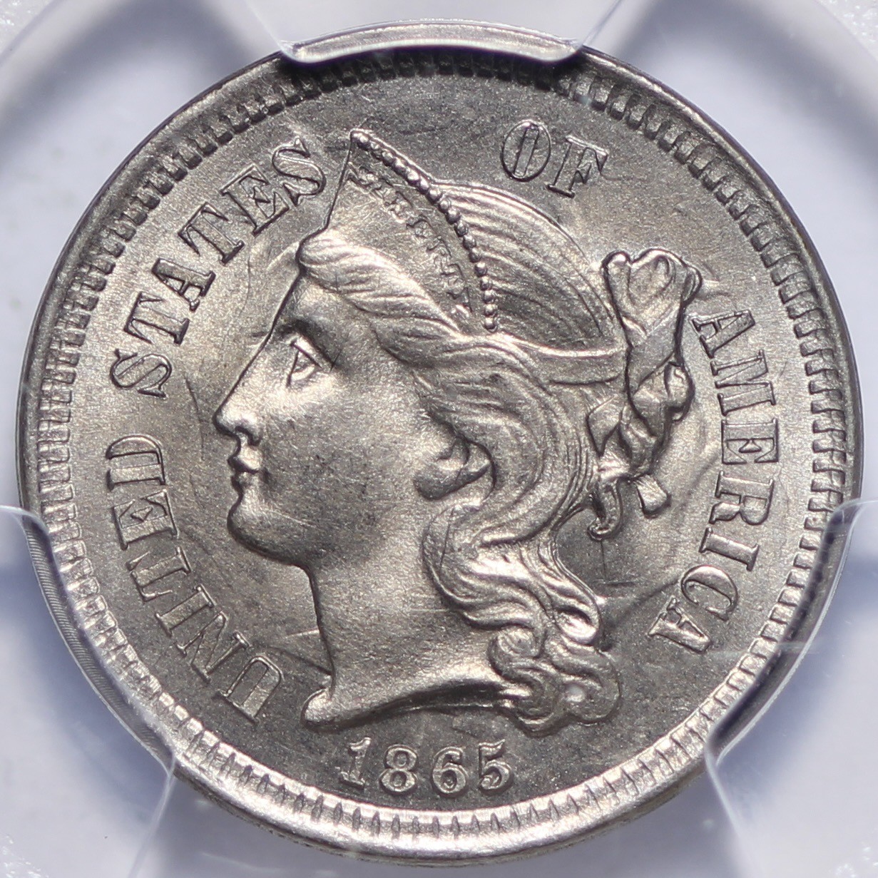 BU 1865 Three 3 Cent Copper Nickel Piece PCGS MS64 XANHM