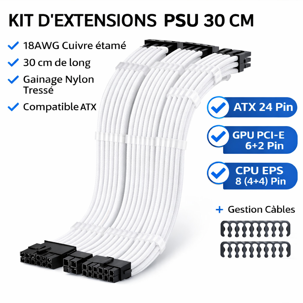 Câble Extension ATX 24Pin CPU EPS GPU PCI-E 30cm Gainé pour Alimentation