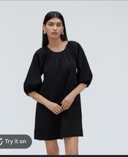 Everlane The Seersucker Puff Sleeve A Line Mini Dress Black Pull On - Size S $88
