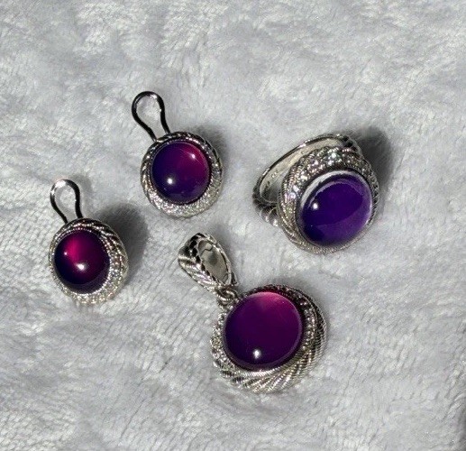 Judith Ripka 925 Sterling Silver Amethyst Cabochon 3-Piece Jewelry Set NIB