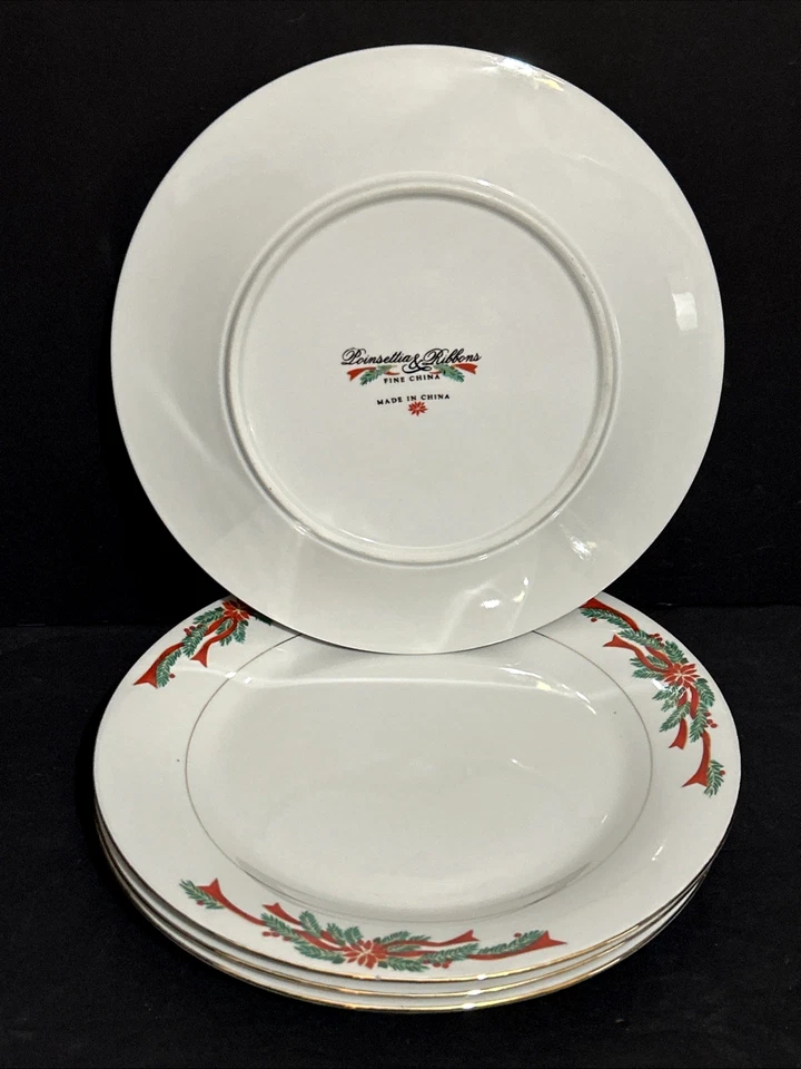 Vintage Poinsettia & Ribbons Christmas Red Ribbon 10.5" Dinner Plates Set of 4 - Image 3 of 4