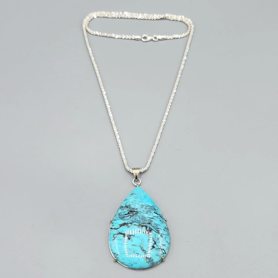 Collar de cadena colgante lágrima turquesa grande de plata de ley 20" 20,8 g Foto 3 de 4