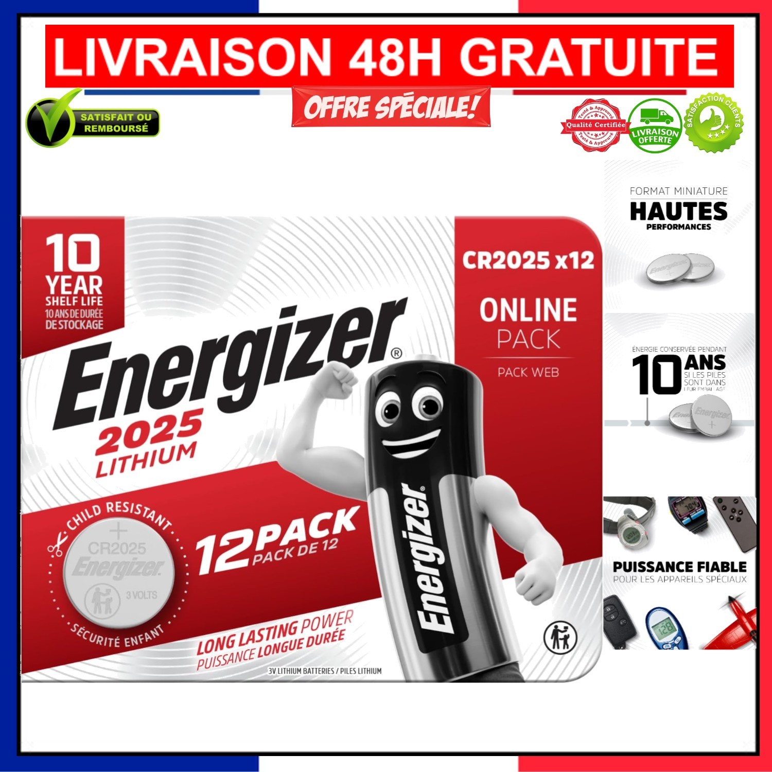Pack de 12 Piles Lithium 3V Energizer CR2025 de longue conservation 10 ans