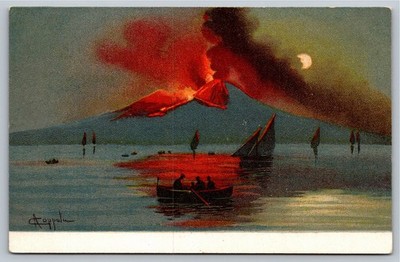 Mount Vesuvius Eruption Postcard C. Coppula Italy Volcano Boats Moon