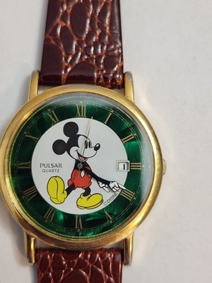 Pulsar Disney Mickey Mouse V532-9A00 Watch Green Dial Roman Date Brown Leather