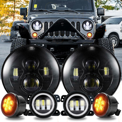 07-18 For Jeep Wrangler JK Black 7'' LED Headlights+4'' Fog Lights Halo+Turn Lamp
