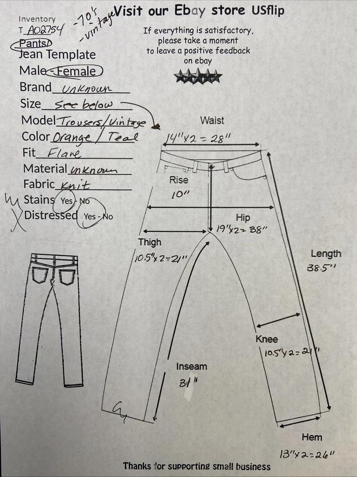 Винтажные оранжевые и неоновые бирюзовые брюки в клетку широкие штанины брюки размер женский 28 70-е - Изображение 3 из 4