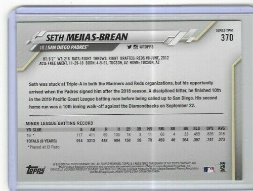 2020 Topps #370 Seth Mejias-Brean San Diego Padres Rookie Card - Picture 2 of 2