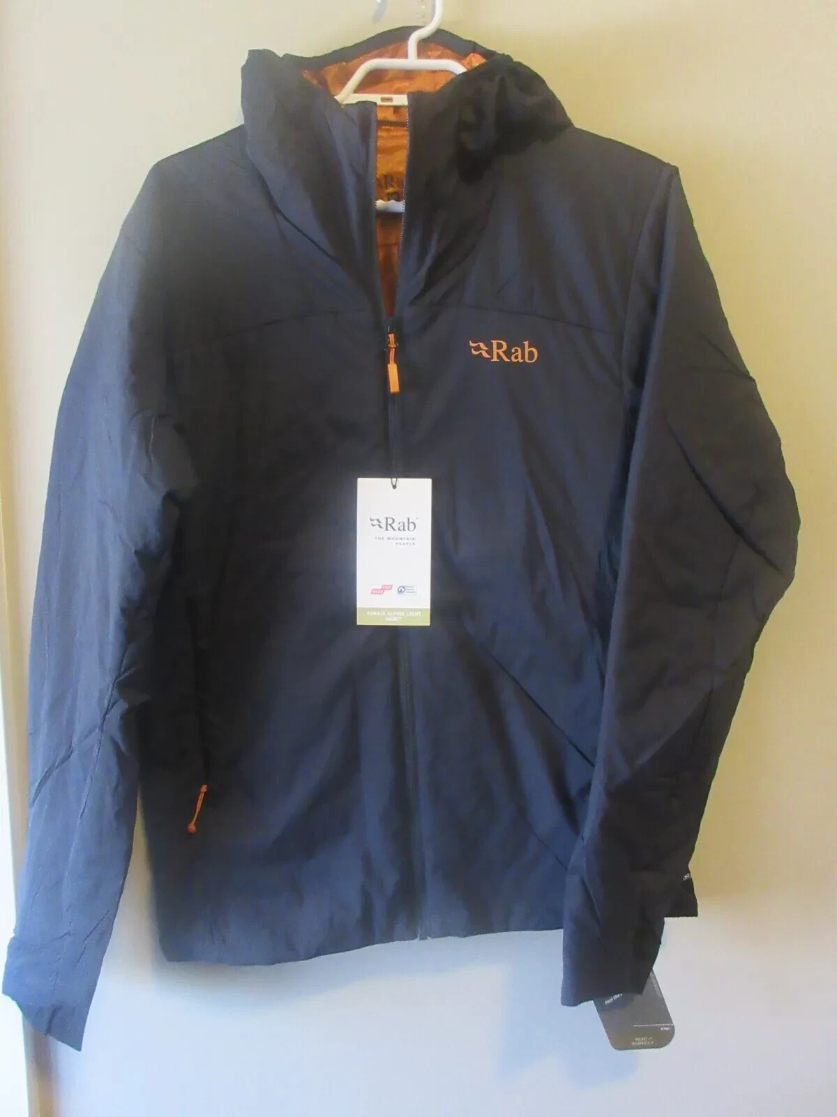 Mens New Rab Xenair Alpine Light Jacket Hoodie Size Large Ebony - Marmalade