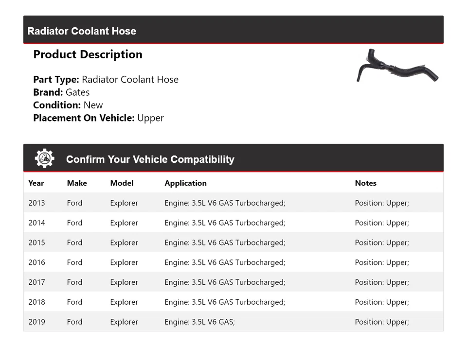 Manguera de refrigerante de radiador para Ford Explorer 2013-2019 puertas superiores 2014 2015 2016 Foto 2 de 3