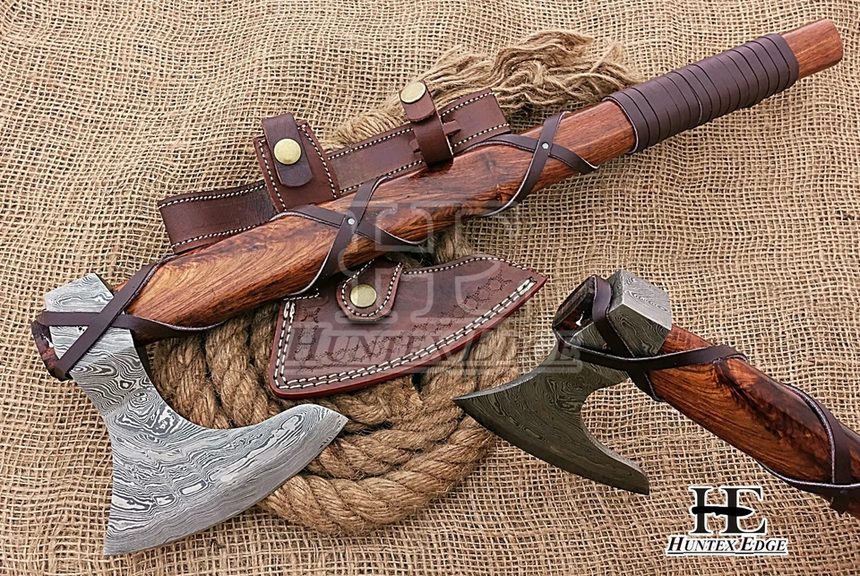 HUNTEX Custom Hand-Forged Damascus 530 mm Long Walnut Wood Godzilla Viking Axe - Image 3 of 4