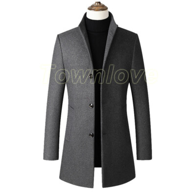 Men's Single Breasted Stand Collar Wool Blend Jacket Trench Coat