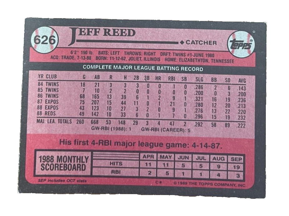 1989 TOPPS Card # 626 Jeff Reed - Cincinnati Reds | eBay