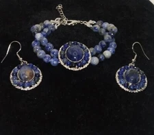 Sodalite Halo Dangle Earrings  Double Row Bracelet  Silvertone 140.60 Ctw, 7"-9"